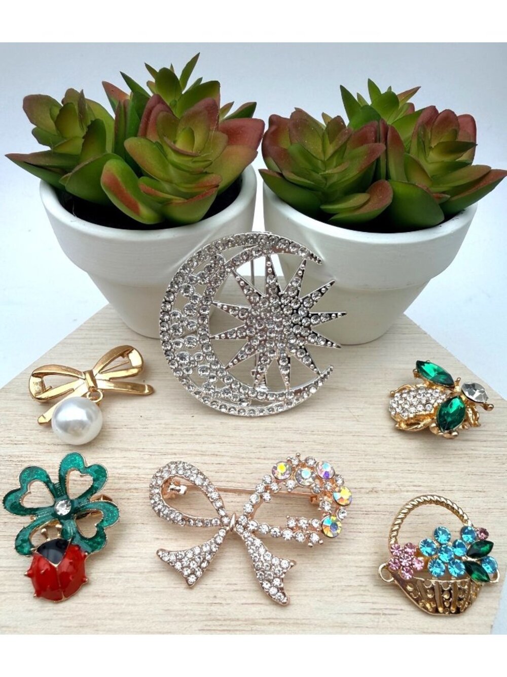Rhinestone Brooch Lot Set Of 6 Moon Bow Clover Ladybug Basket & Insect Designs